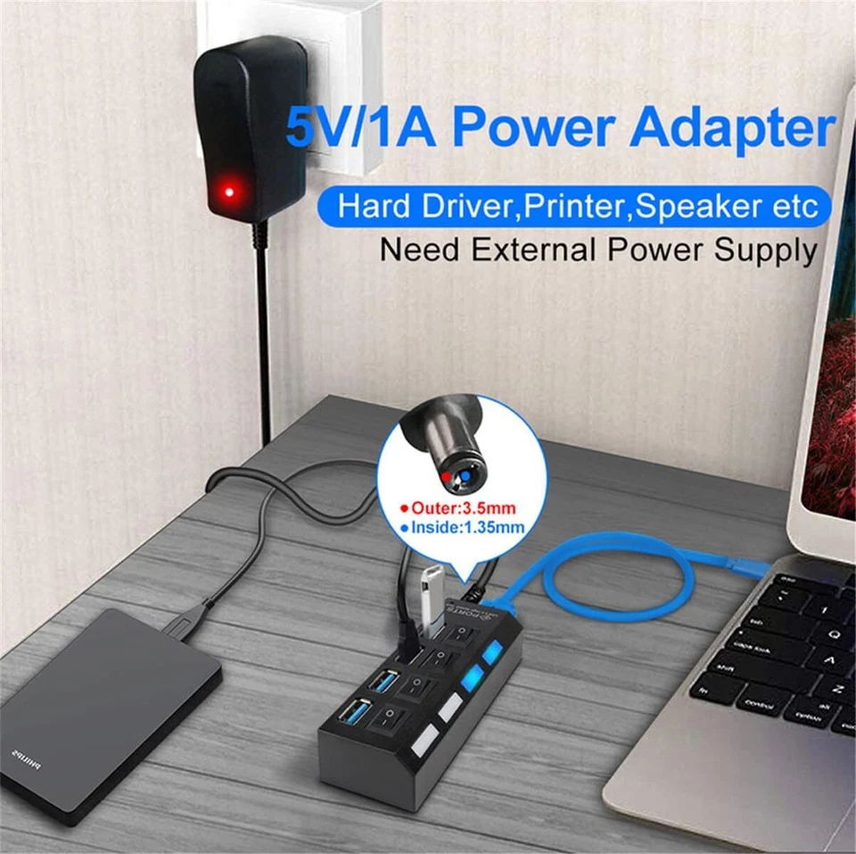 USB Hub 7 Port On/Off Switch High Speed Splitter AC Adapter Cable PC Laptop Lot - Image 3 of 4