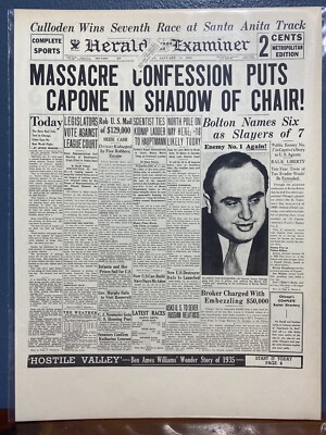 VINTAGE NEWSPAPER HEADLINE GANG LORD AL CAPONE ORDERED MORAN GANG WIPED OUT 1935