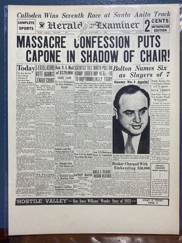 VINTAGE NEWSPAPER HEADLINE GANG LORD AL CAPONE ORDERED MORAN GANG WIPED OUT 1935