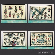 Bundle of FOUR VINTAGE Drawn Colored TATTOO Flash Sheets Badlands Tattoo Prints