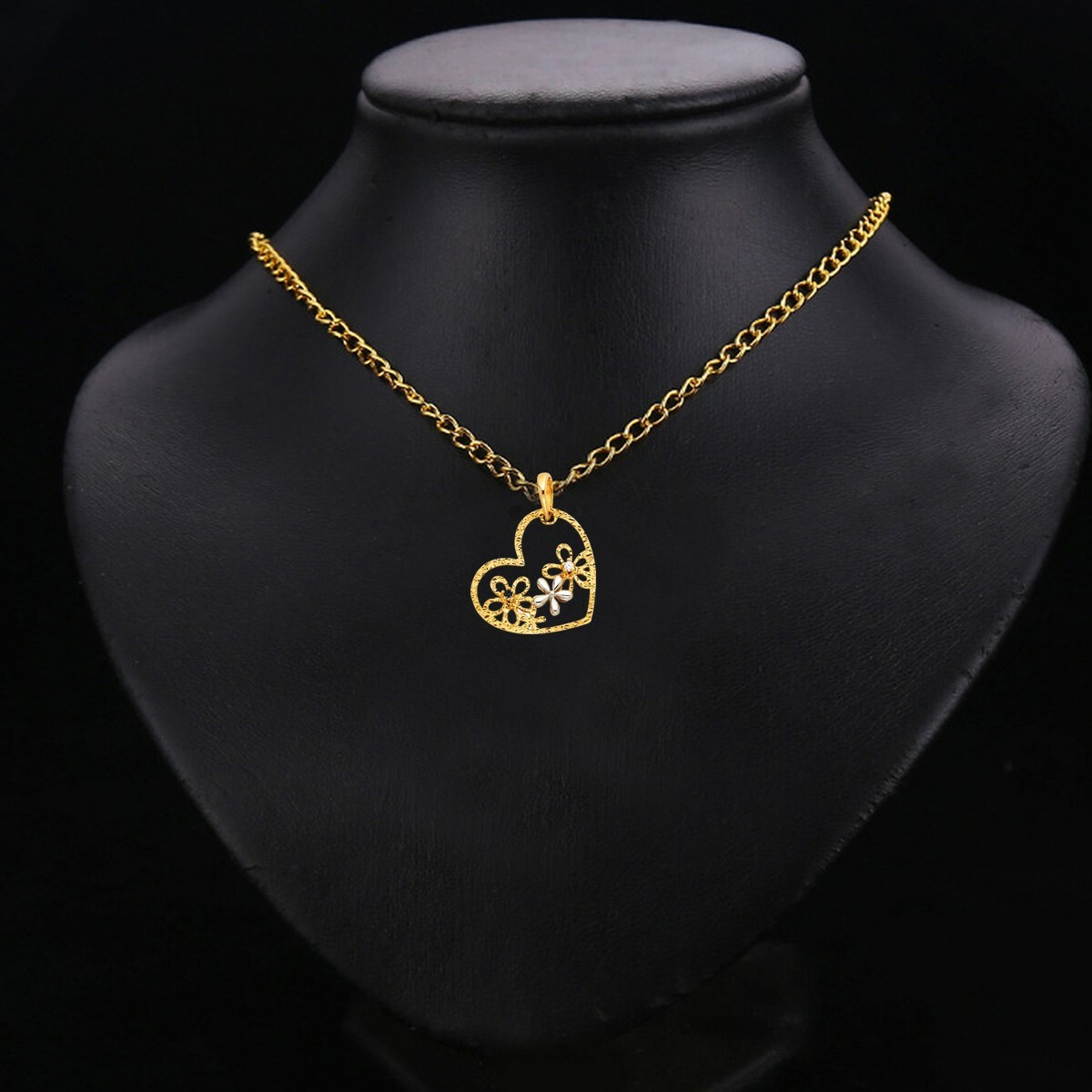 14K Two Tone Gold Cubic Zirconia Flower Heart Pendant For
