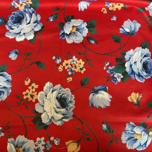 Blue Roses On Red Floral Fabric For Quilting, Sewing & Crafts 49” X 28”