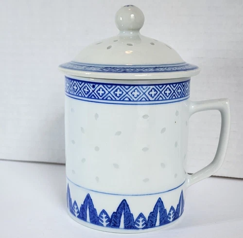 Jingdezhen Chinese Lidded Tea Cup Mug Blue & White Translucent Rice Grain Vtg