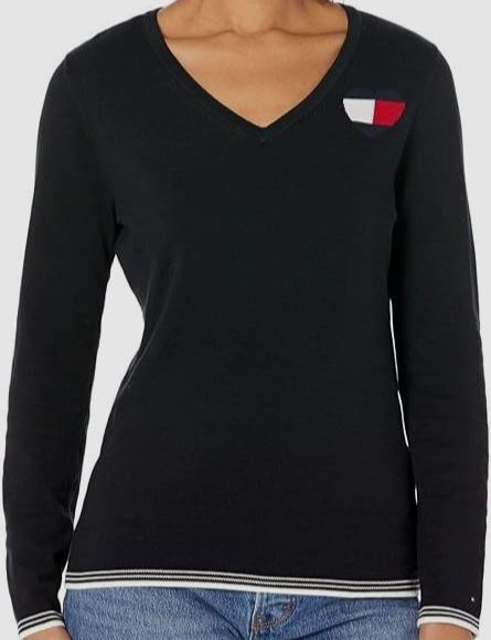 $70 Tommy Hilfiger Women's Black V-Neck Global Heart Ivy Sweater