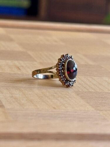 Anillo racimo granate cabujón oro 9K vintage - Imagen 5 de 7