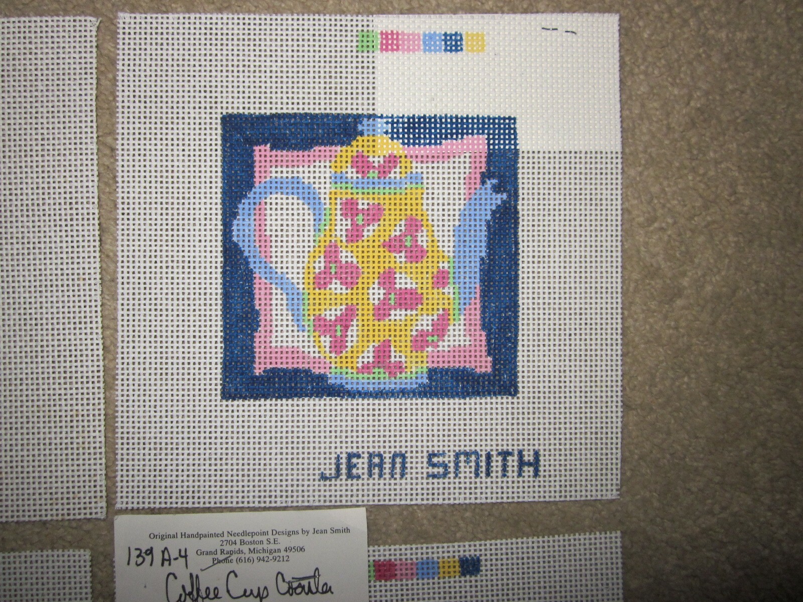 Lot of 6 Jean Smith Coffee; Tea Coasters HP needlepoint canvas 14 mesh