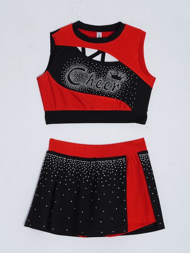 Kids Girls Cheerleading Uniform Shiny Crop Top with Skirt Set Cheer Fancy AU - Picture 9 of 90