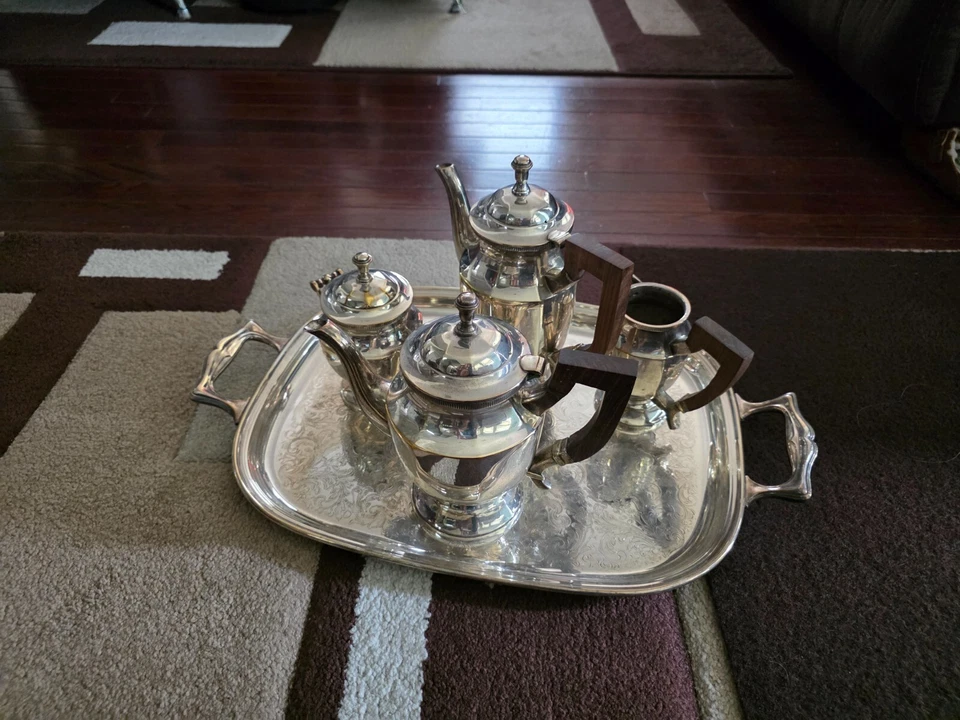 Juego de té/café francés de plata de 5 piezas estilo Art Deco francés con bandeja Foto 2 de 4