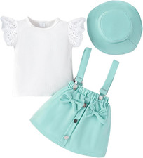 Bambina Gonne Set Estivi Manica Corta Con Volant Coste Top + Bowknot Bretelle Ab