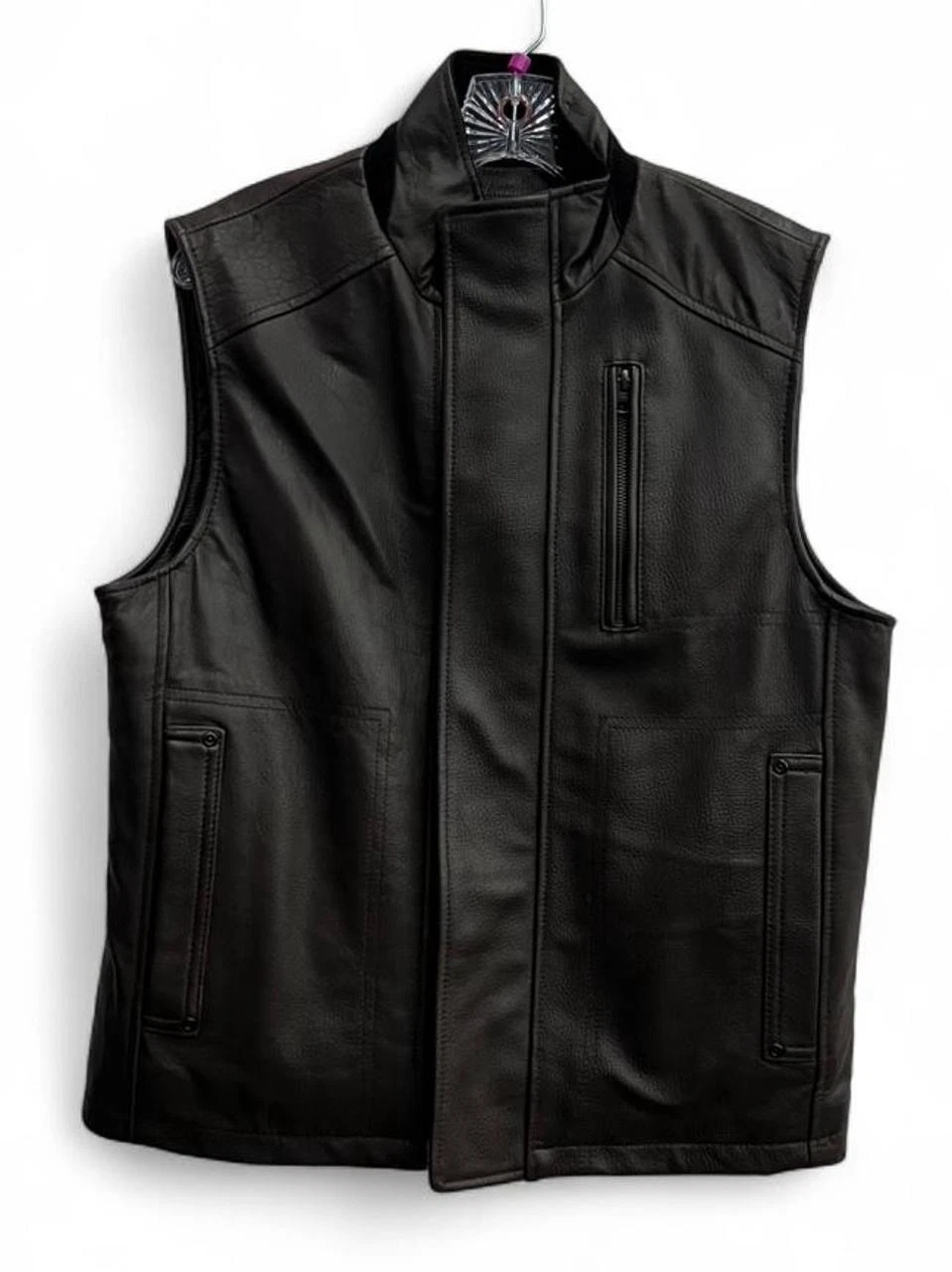 Roundtree & Yorke Genuine Lambskin Leather zip Snap Vest Brown Mens Size S NWOTs