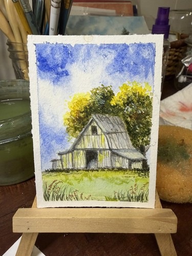 Original ACEO Watercolor  “Midwest Early Fall Barn” 2.5”x 3.5” by Pamela Long
