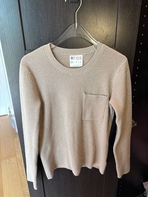 FIGS Off-Shift Ribbed Knit Pocket Sweater Latte Tan XS