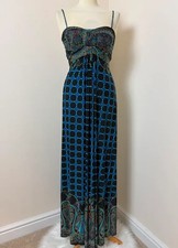 Therapy Blue Geometric Paisley Maxi Dress UK8 Strappy Slinky Holiday Boho