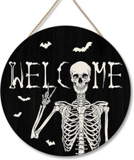 Halloween Skull Welcome Door Sign Halloween Front Door Hanger Decor Rustic Wood