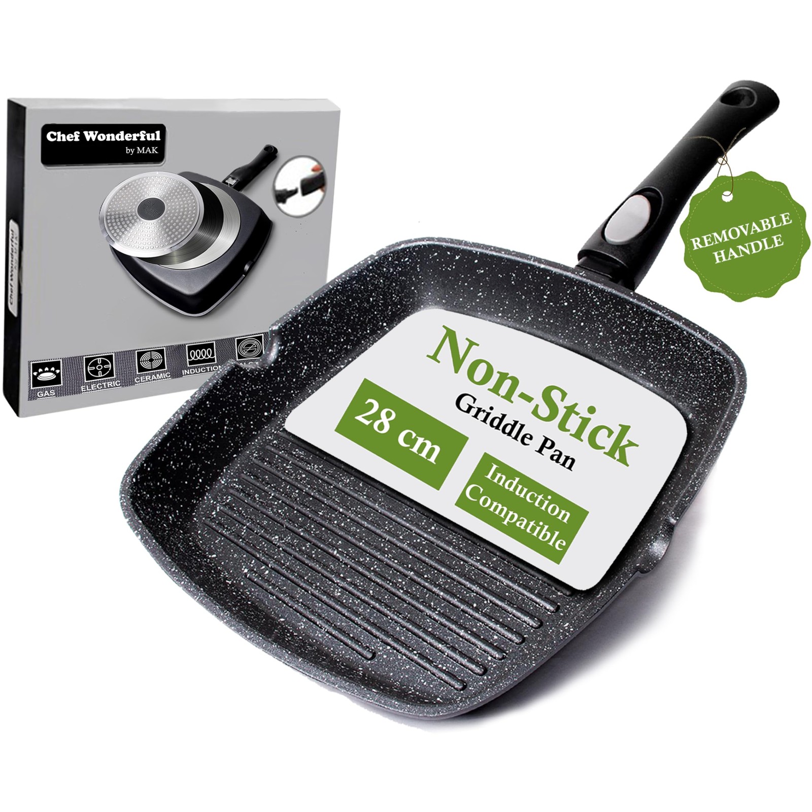 Chef Wonderful Non-Stick (28cm) Griddle Pan for 28cm, Black