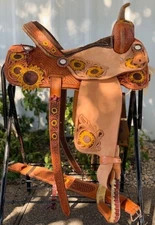 Western Saddle Argentinian Leather Sun Flower Tooled Western Barrel Horse Saddle