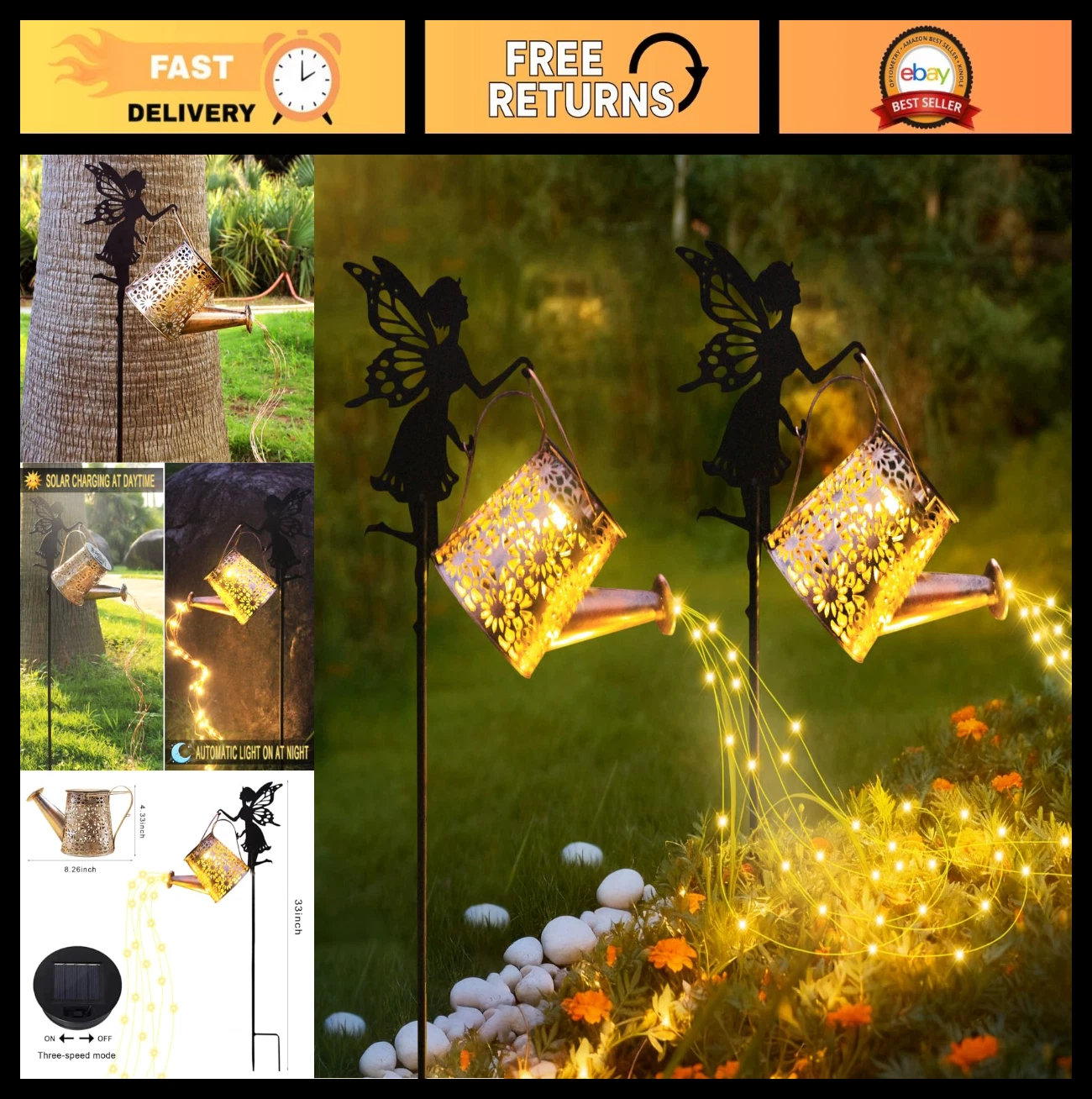 2Pack Solar Watering Can Lights - Waterproof Retro Metal Garden Decor, Fairy Out