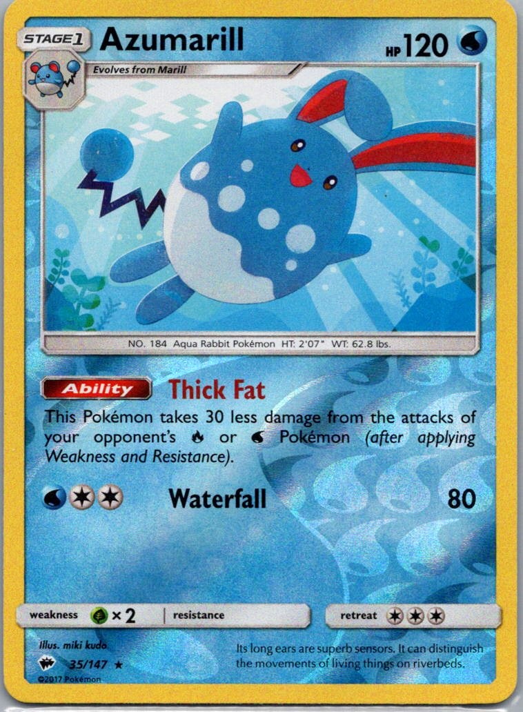 Pokemon TCG Azumarill 35/147 Burning Shadows Rev Holo LP