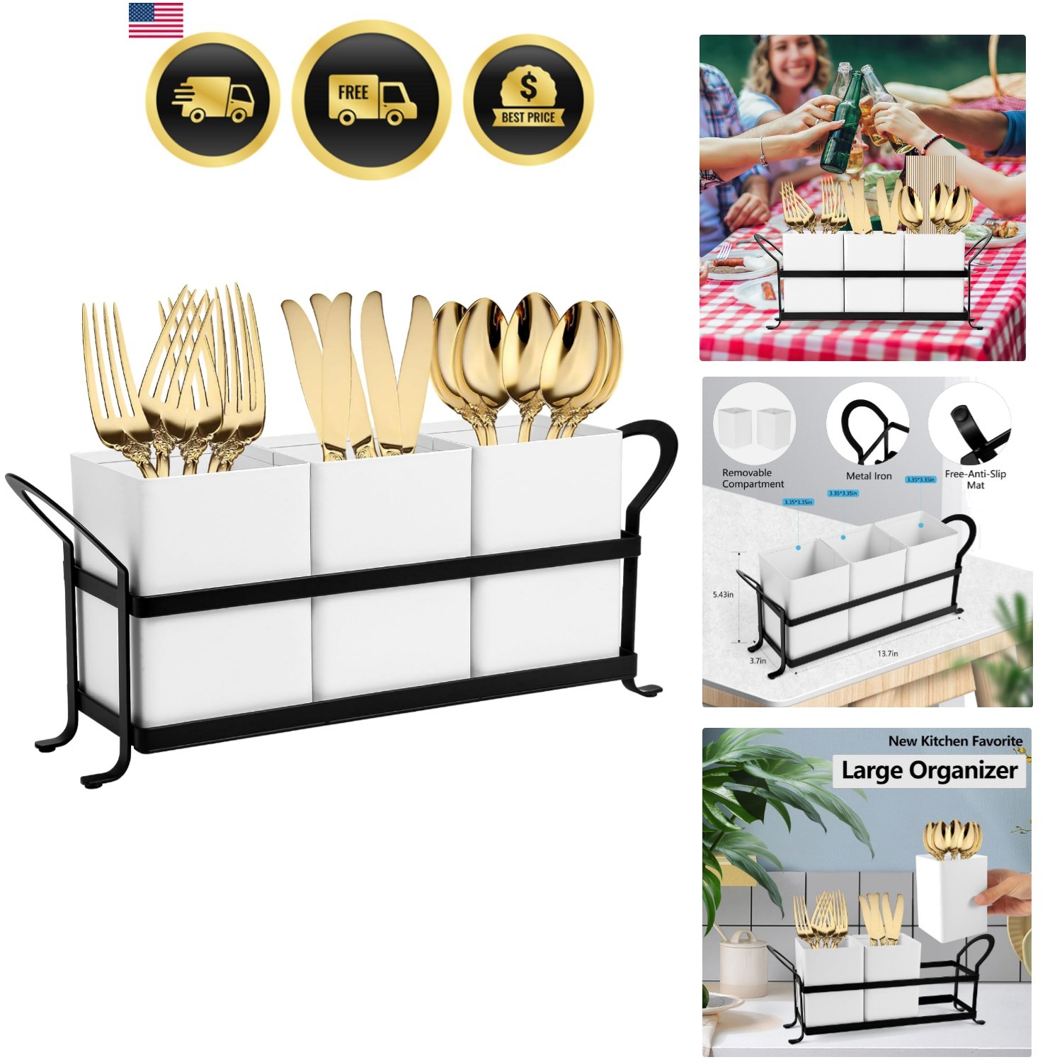 Utensil Holder Silverware Caddy Organizer for Countertop Kitchen 3pcs Set Bla...