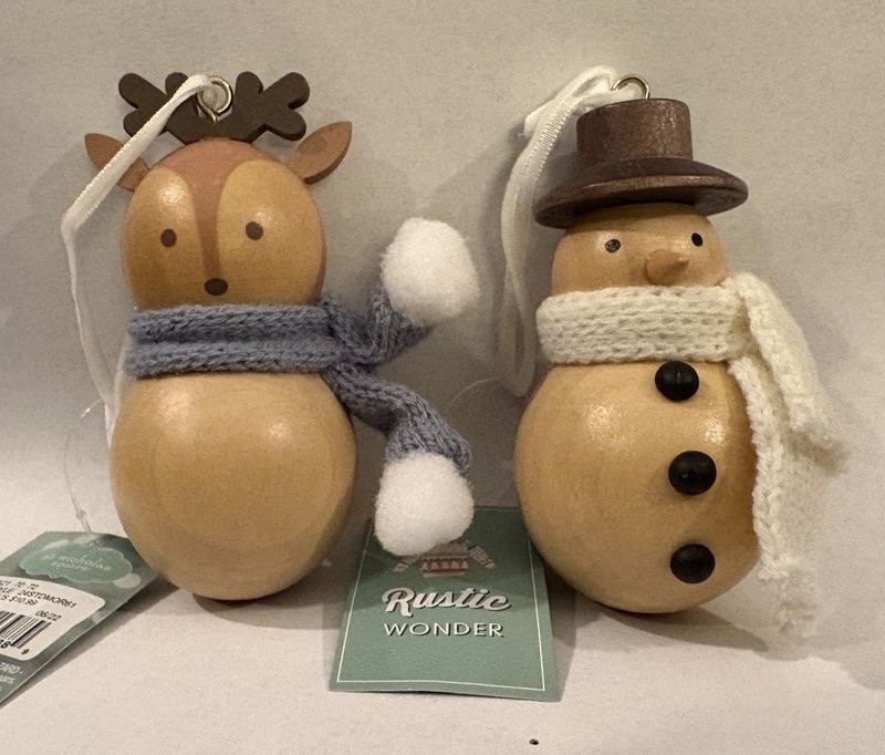 Snowman And Reindeer Wooden Christmas Holiday Ornaments, Set Of 2, NEW W/Tags