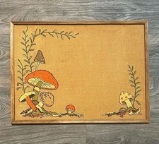 Vintage Tandy Mushroom Bulletin Memo Board Burlap Wall Hanging Size 18 x 24 70's