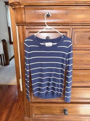 Perfect Pullover Navy Blue White Stripe Knit Sweater XS Long Sleeve Crew Neck
