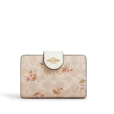 ❤️Coach CAR13 Medium Corner Zip Wallet Signature Canvas W/Floral Print NWT🎀NEW