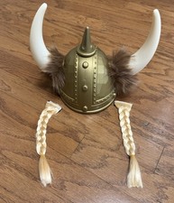Viking Helmet Adult Norwegian Medieval GOLD Costume Hat w/ Horns Fur Braids NEW