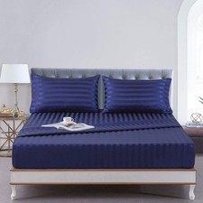 Satin-Silk Sheets Queen Size Bed Set, Navy Blue Soft Cooling Deep Pocket Queen