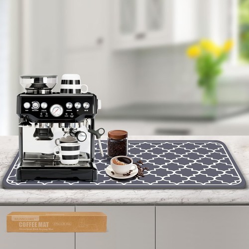 Coffee Mat(Grey Trellis 17'' x 31.5''), Coffee Bar Mat for Countertop, Anti-S...
