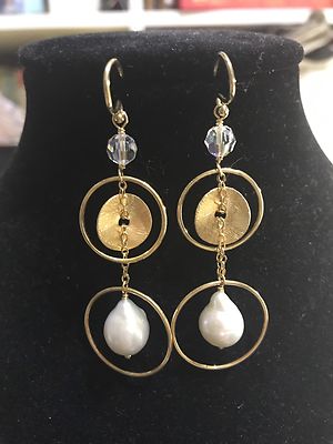 chan luu 2 1/2'' long White Pearl Gold Plates And AB Crystal earrings