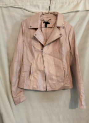 H BY HALSTON Size 4Pearlized Lamb Leather Motorcycle Jacket ROSE BLUSH(BUFU)