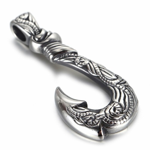 Mens Hawaiian Fishing Fish Hook Pendant Necklace Stainless Steel Jewelry - Picture 2 of 5
