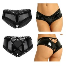 Women's Wet Look Leather Open Crotch Panties Lacework Thongs Lingerie Underwear