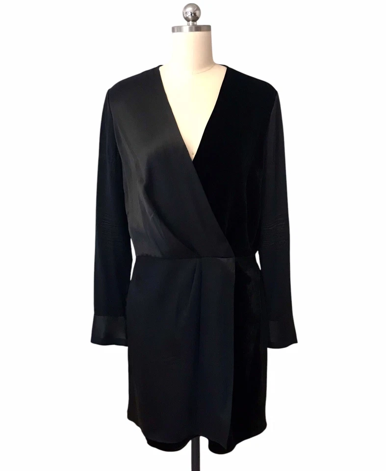 Vestido feminino Rag & Bone Victor Wrap preto seda e veludo comprimento profundo V joelho tamanho M - Imagem 2 de 4