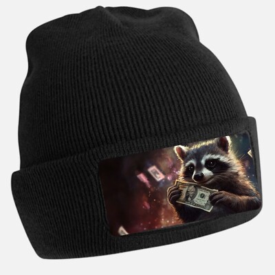 Black Beanie Hat with Cool Raccoon Money Motif - Unisex Cap, Cotton