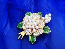 Elegant Faux Pearl Camellia Flower Brooch with Enamel Leaves  Rhinestones