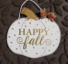 HAPPY FALL Wood PUMPKIN White Sign Door Plaque Hanger Holiday Autumn Gold