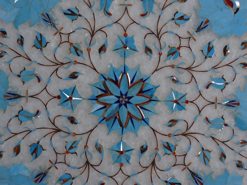 Tampo de mesa de mármore branco 12" pedras semi preciosas arte incrustada turquesa - Imagem 2 de 2