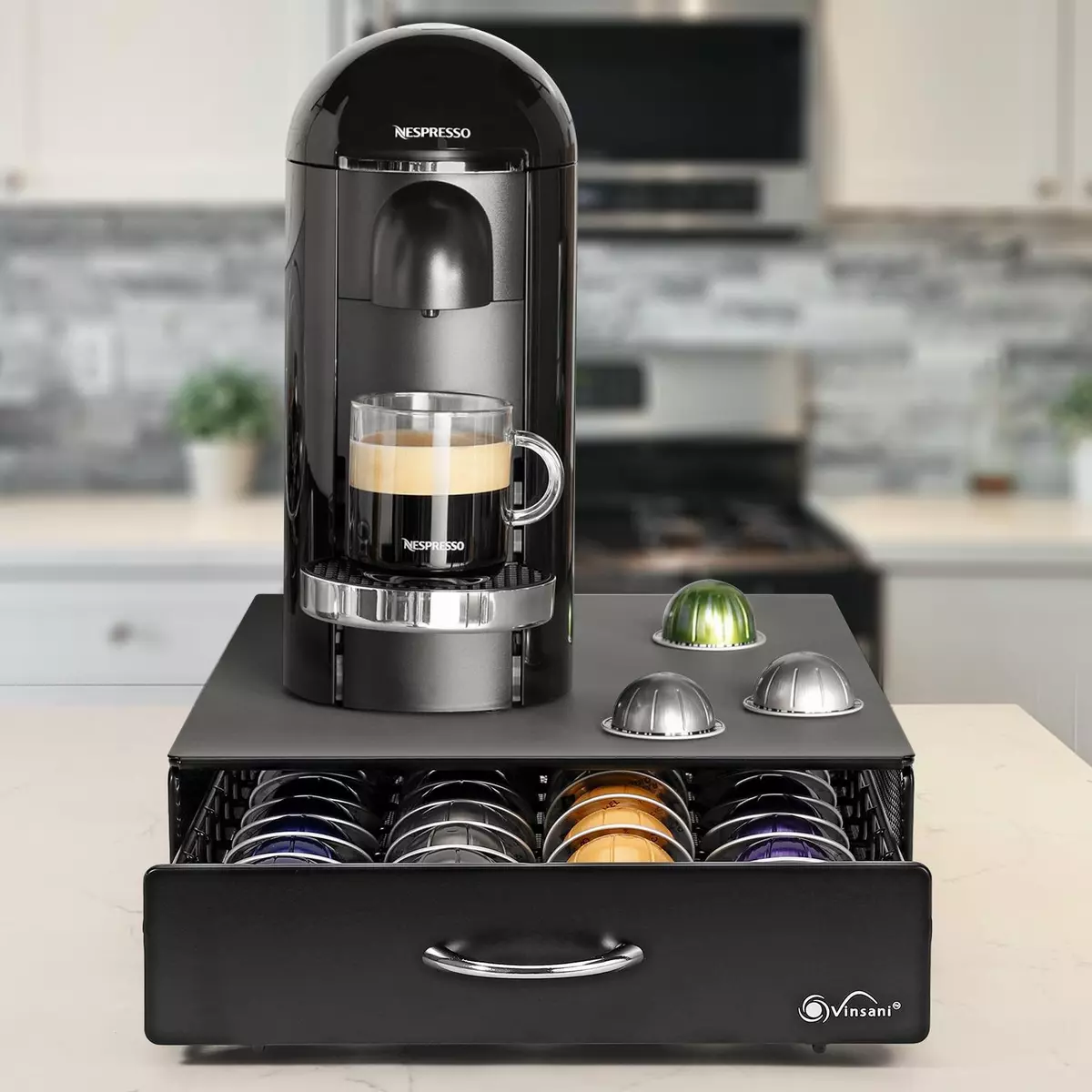 Coffee pod top storage drawer