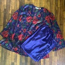 Victoria's Secret Gold Label Pajama Set Vintage S Satin Sheer Floral Button Top