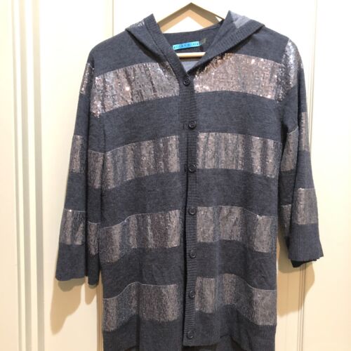 Alice + Olivia Hooded Gray Sequin Striped Wool Button Front Cardigan Size Medium