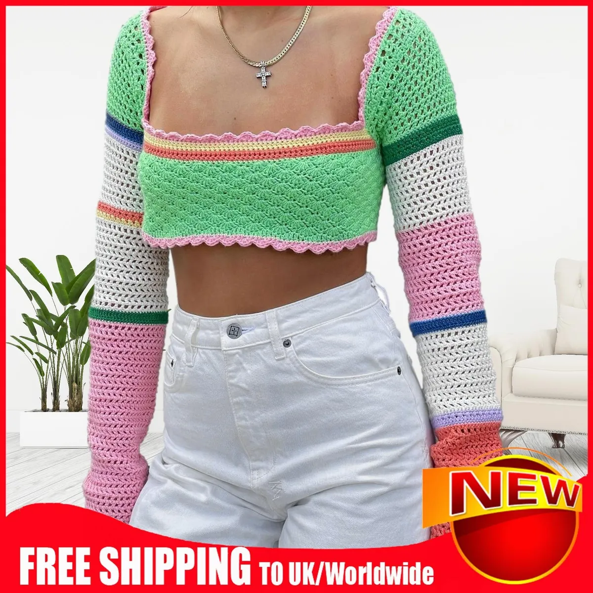 Y2K Style Ladies Crochet Crop Top Long Sleeve Knitted Top Patchwork Daily  Outfit