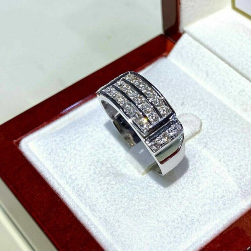 14K White Gold Plated 3Ct Round Cut Simulated Diamond Men's Wedding Band Ring - Picture 4 of 8