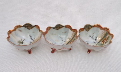 JAPANESE Hand Painted Porcelain Bowl Floral Footed Scalloped - 3 Nut Bowls