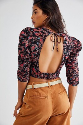 Free People Monica Cropped Blouse Top Floral Print Puff Sleeves