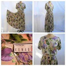 vtg Ann Tjian KENAR 2 Purple Floral Rayon Pleated Skirt Dress Hong Kong 8 EUC