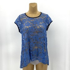 New! Karen Kane Medium 8 Sheer Blue Lace Top Black Trim Sharkbite Tunic Women