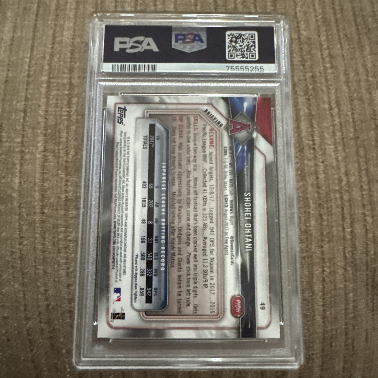 SHOHEI OHTANI 2018 BOWMAN #49 PSA 9 RC GRADED ROOKIE CARD view 3