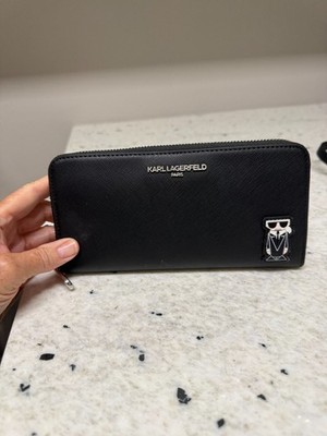 Karl Lagerfeld Paris Black Silver Logo Tone Womens Coin Card zip around wallet